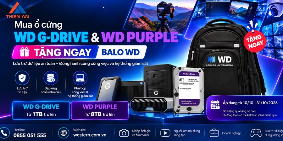 Mua ổ cứng WD G-DRIVE và WD Purple – Tặng ngay balo WD trong tháng 10/2026